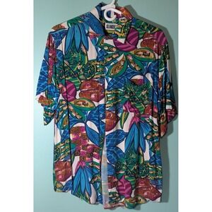 Floral Islander Short Sleeve Button Up Shirt Size Medium 100% Rayon